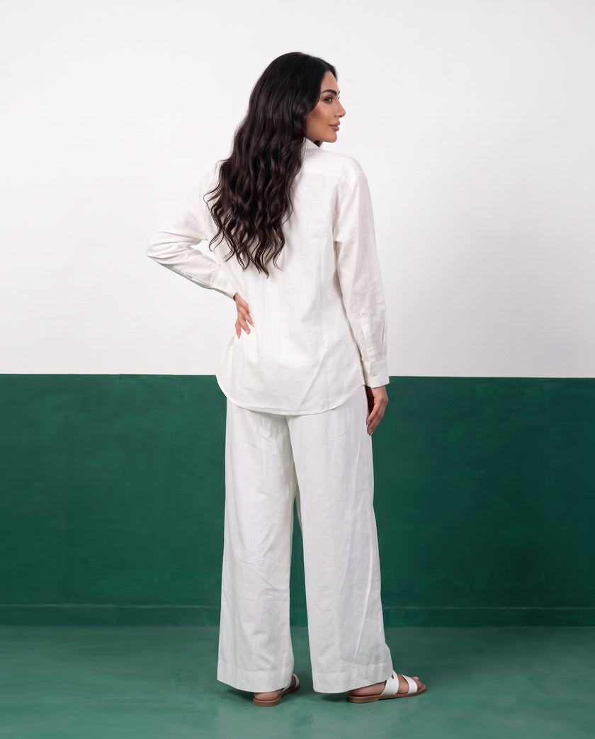 White Canvas Three-Piece Oversized Shirt, Inner Top & Wrap Wide-Leg Trouser Set, side view