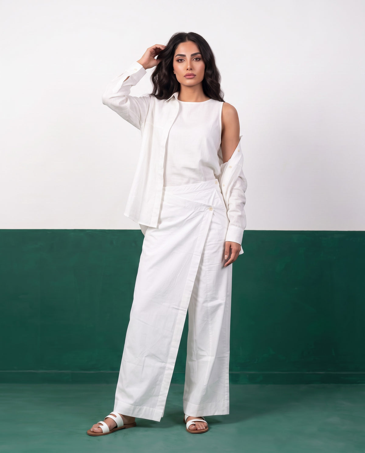 White Canvas Three-Piece Oversized Shirt, Inner Top & Wrap Wide-Leg Trouser Set, back view
