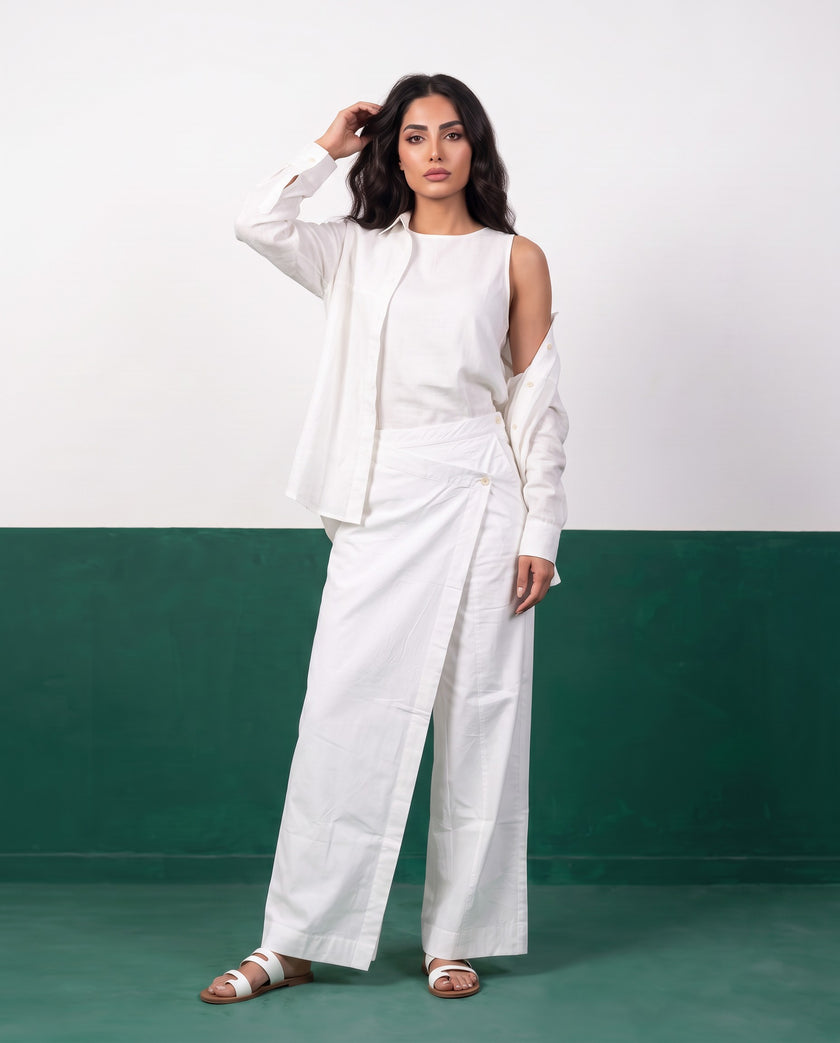 White Canvas Three-Piece Oversized Shirt, Inner Top & Wrap Wide-Leg Trouser Set, back view
