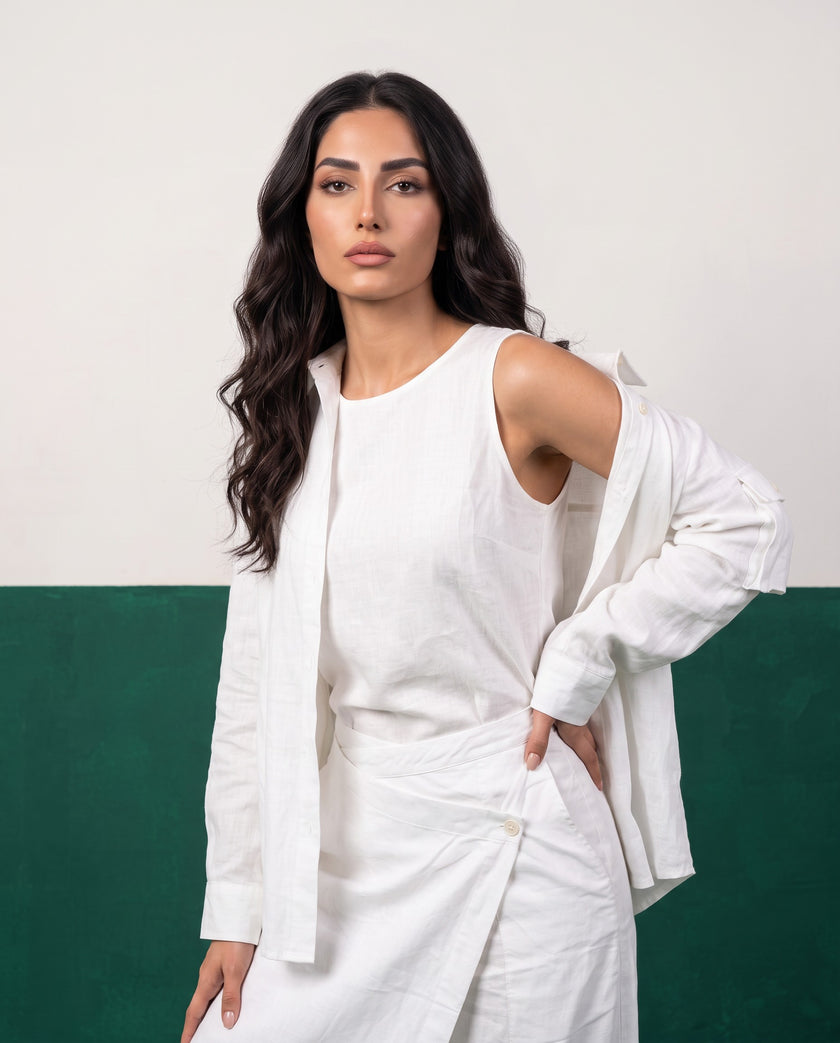White Canvas Three-Piece Oversized Shirt, Inner Top & Wrap Wide-Leg Trouser Set, fabric detail
