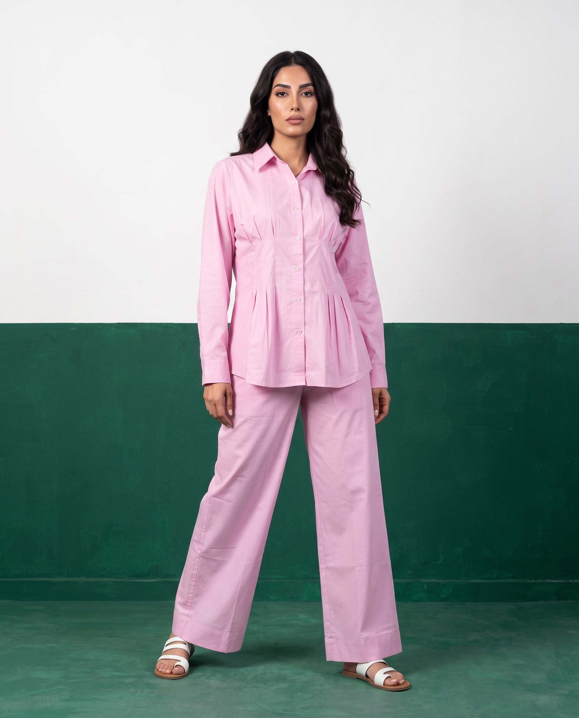 Petal Pink Pleat Peplum Shirt & Wide-Leg Trouser Co-ord Set, front view