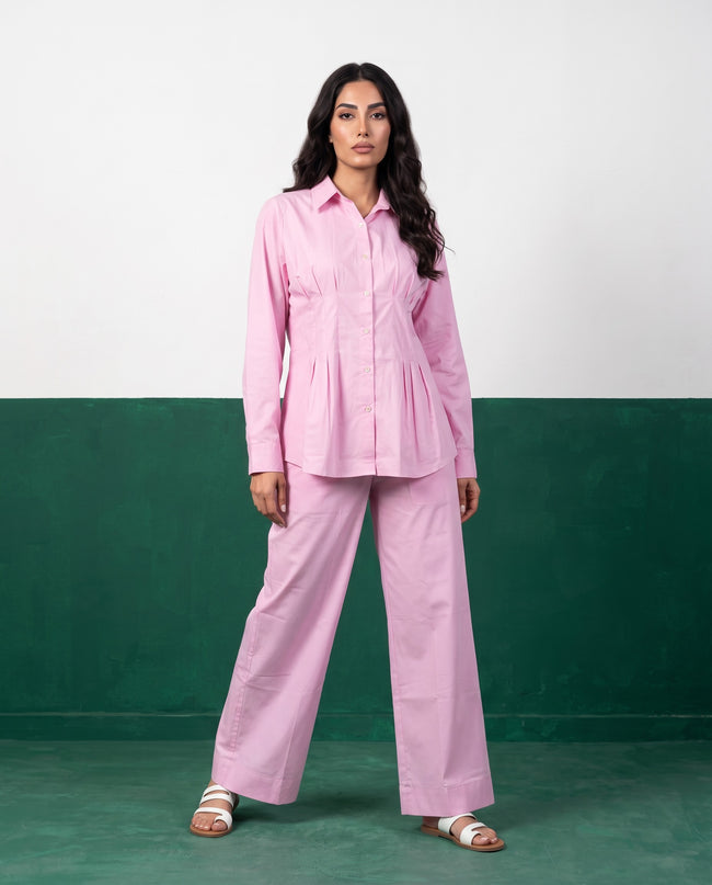 Petal Pink Pleat Peplum Shirt & Wide-Leg Trouser Co-ord Set, front view