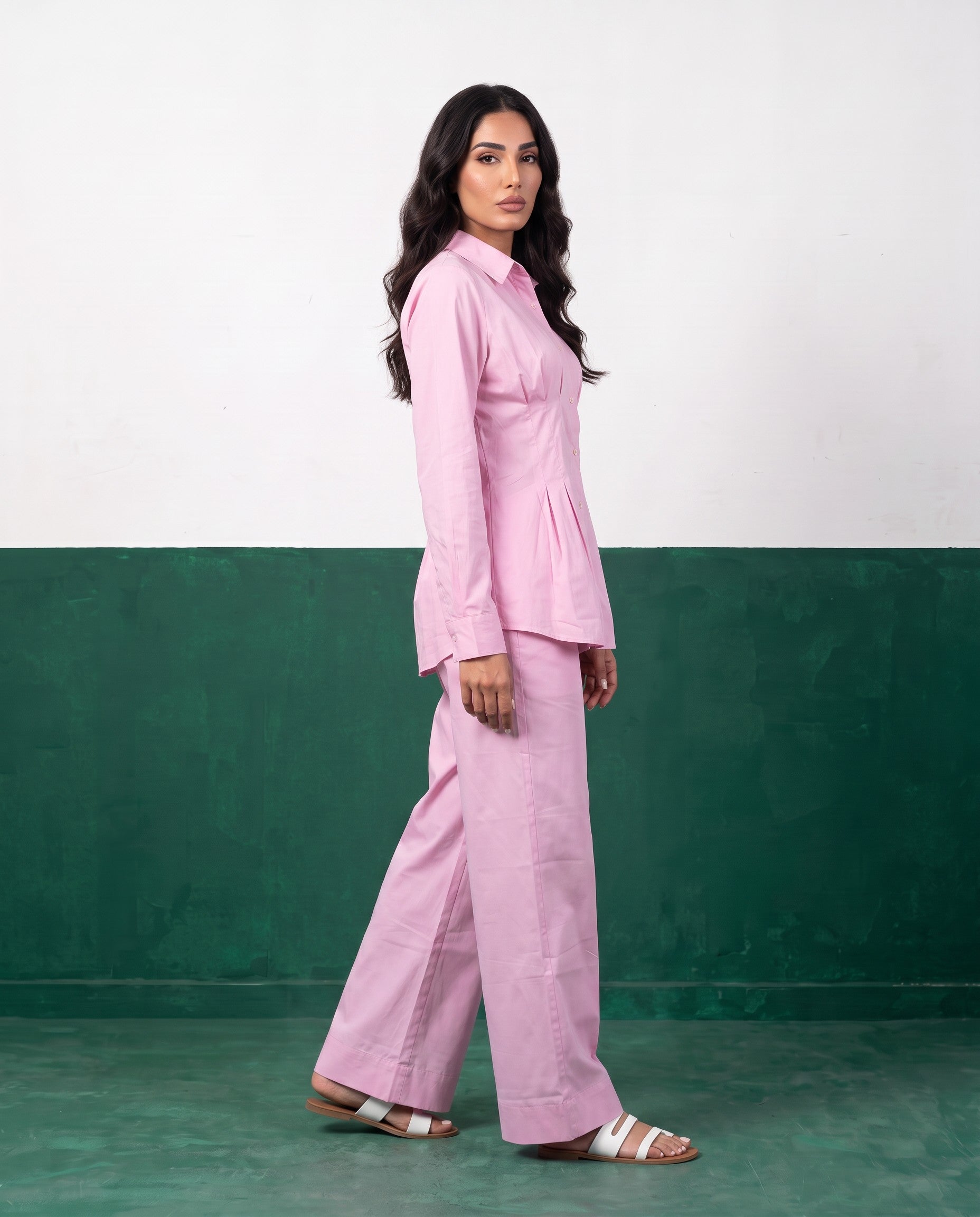 Petal Pink Pleat Peplum Shirt & Wide-Leg Trouser Co-ord Set, side view