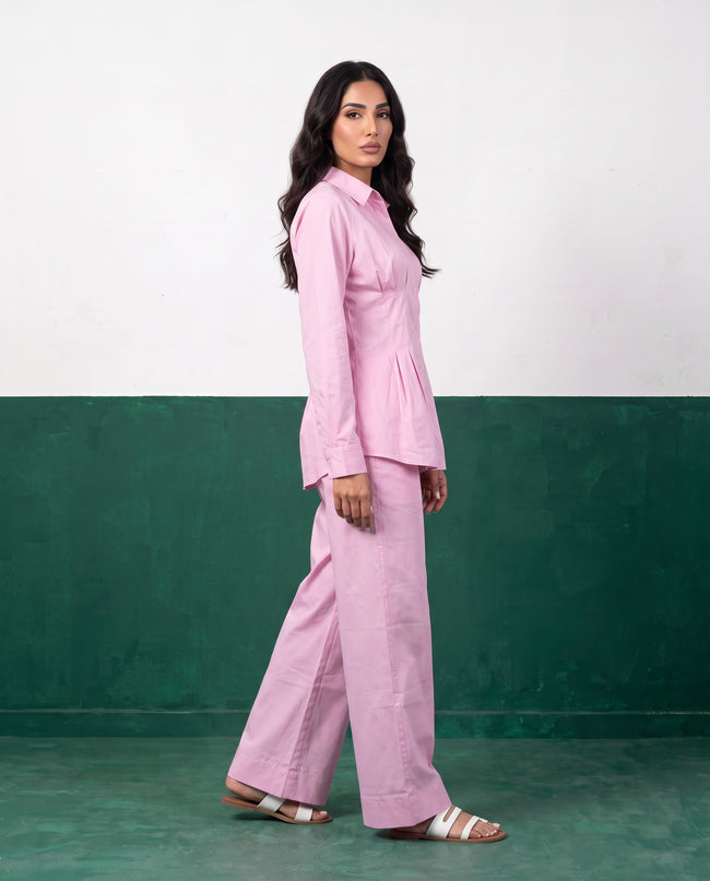Petal Pink Pleat Peplum Shirt & Wide-Leg Trouser Co-ord Set, side view
