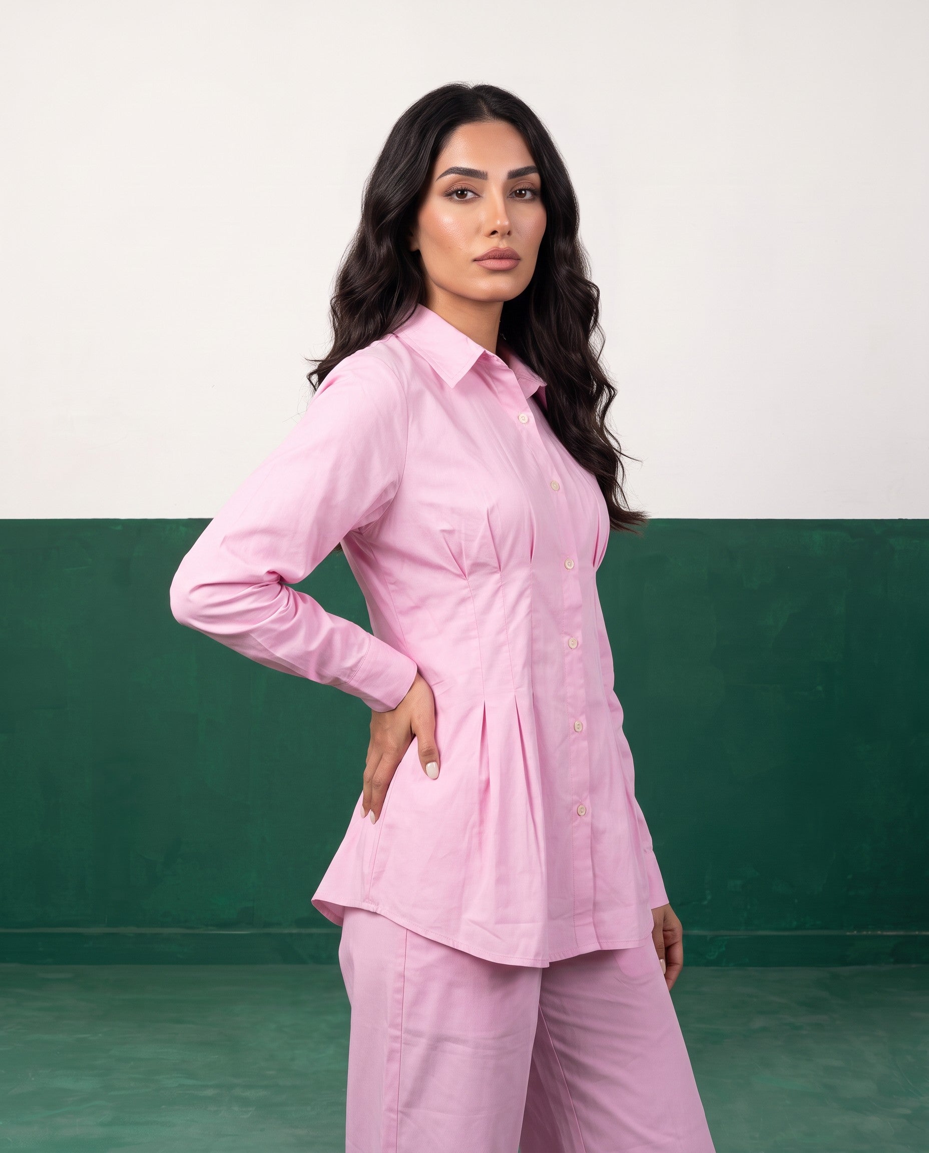 Petal Pink Pleat Peplum Shirt & Wide-Leg Trouser Co-ord Set, fabric detail