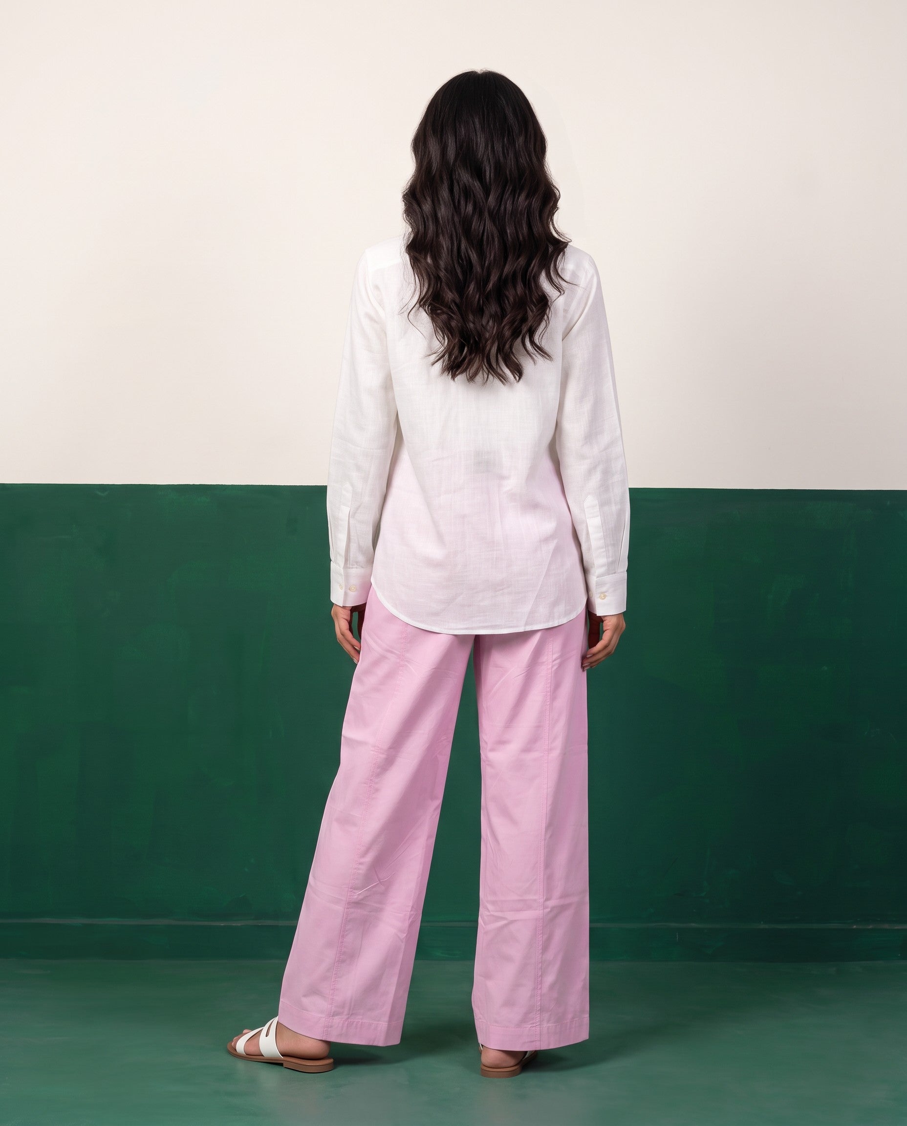 Blossom & White Three-Piece Oversized Shirt, Inner Top & Wrap Wide-Leg Trouser Set, back view