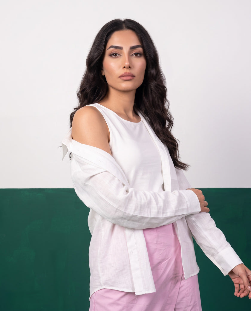 Blossom & White Three-Piece Oversized Shirt, Inner Top & Wrap Wide-Leg Trouser Set, fabric detail