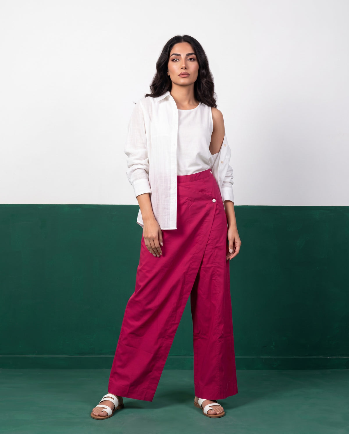 White & Magenta Three-Piece Oversized Shirt, Inner Top & Wrap Wide-Leg Trouser Set, front view