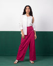 White & Magenta Three-Piece Oversized Shirt, Inner Top & Wrap Wide-Leg Trouser Set, front view