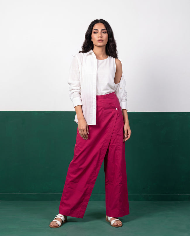 White & Magenta Three-Piece Oversized Shirt, Inner Top & Wrap Wide-Leg Trouser Set, front view