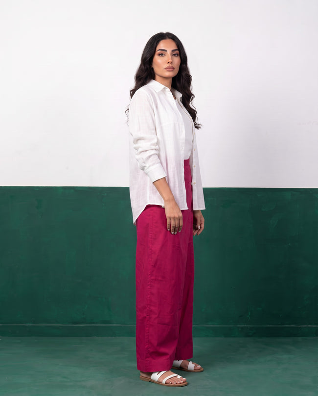 White & Magenta Three-Piece Oversized Shirt, Inner Top & Wrap Wide-Leg Trouser Set, side view
