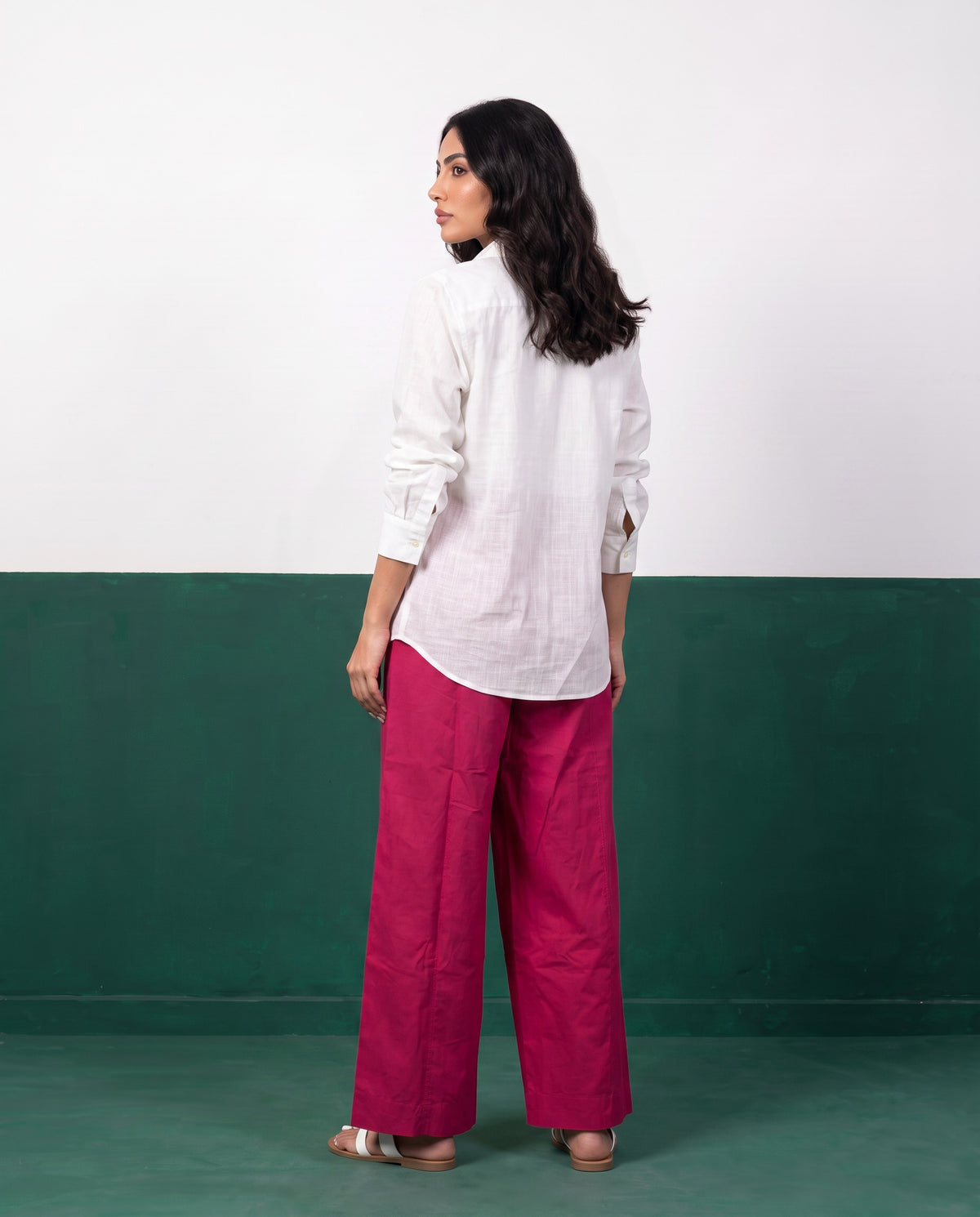 White & Magenta Three-Piece Oversized Shirt, Inner Top & Wrap Wide-Leg Trouser Set, back view