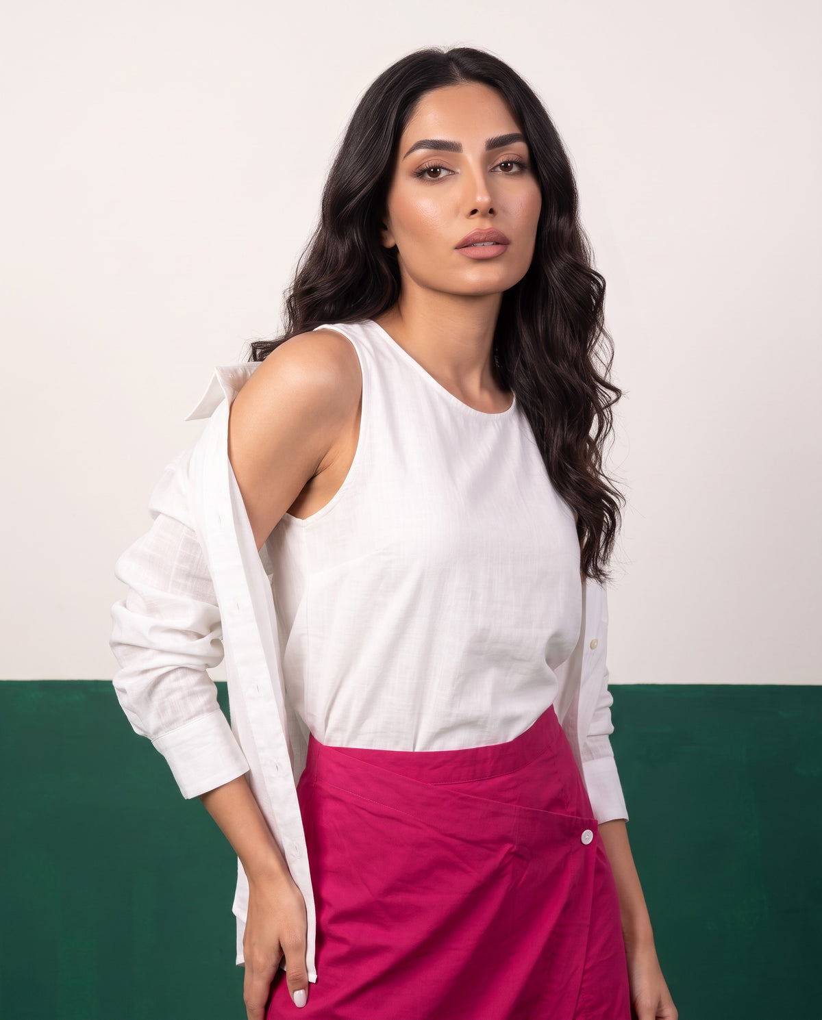 White & Magenta Three-Piece Oversized Shirt, Inner Top & Wrap Wide-Leg Trouser Set, fabric detail