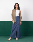 Khaki & Slate Three-Piece Oversized Shirt, Inner Top & Wrap Wide-Leg Trouser Co-ord Set, front view
