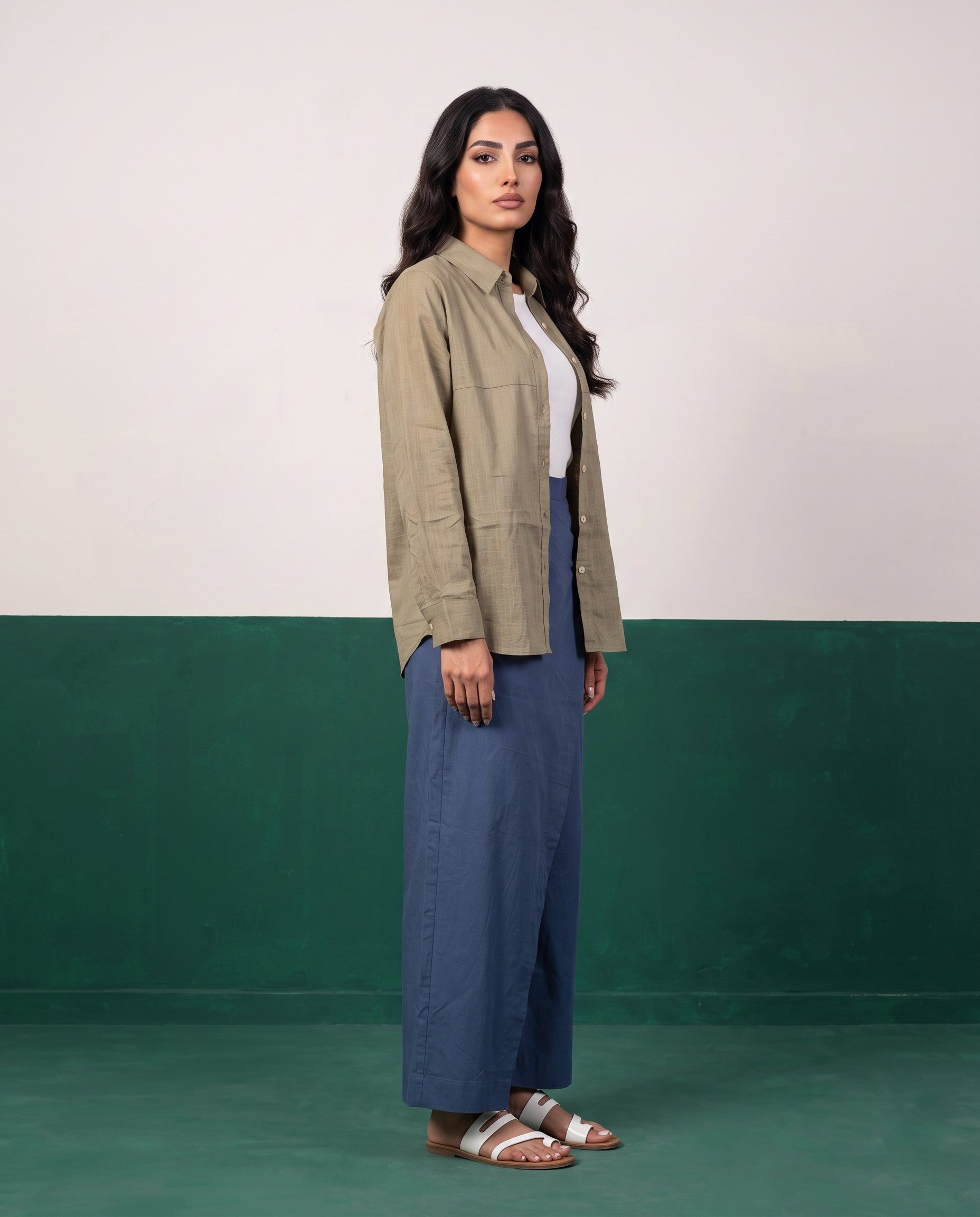 Khaki & Slate Three-Piece Oversized Shirt, Inner Top & Wrap Wide-Leg Trouser Co-ord Set, side view