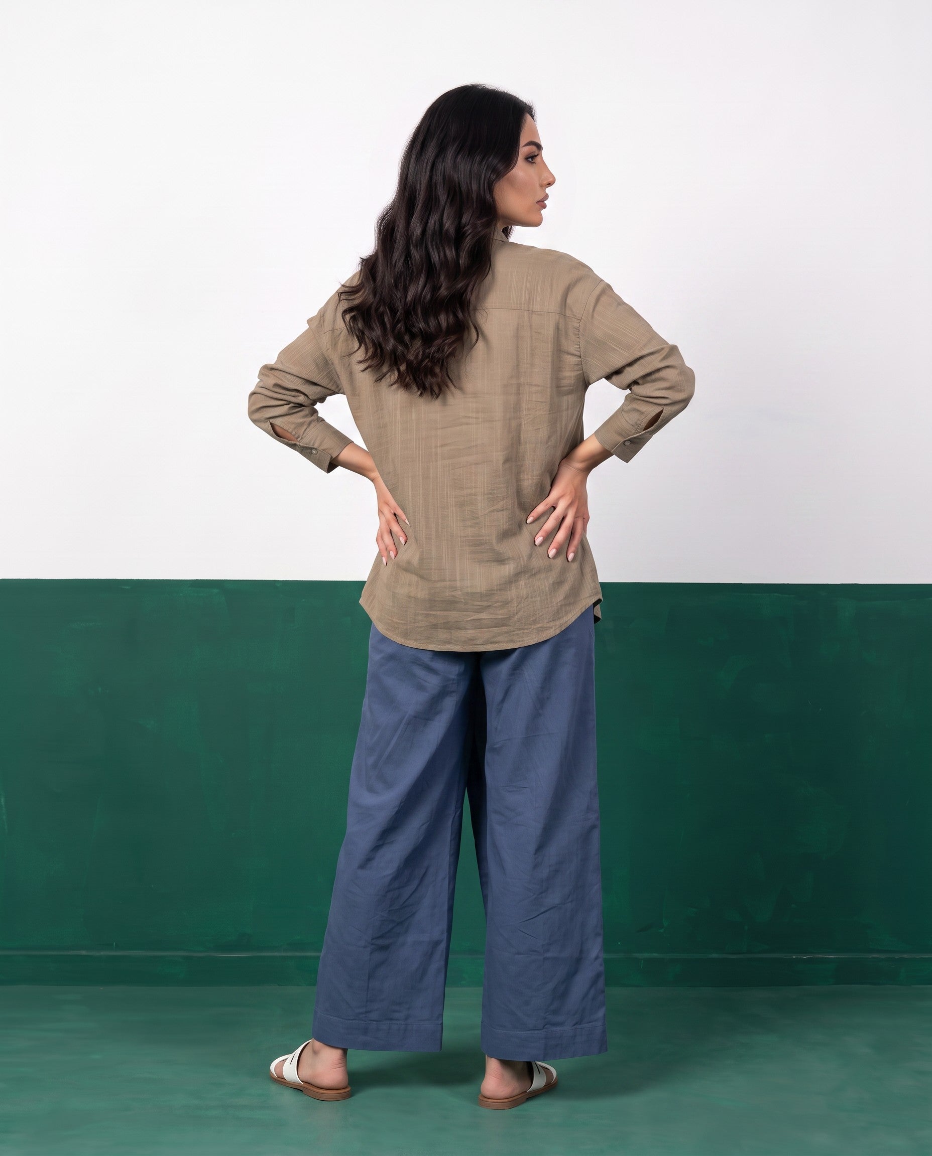 Khaki & Slate Three-Piece Oversized Shirt, Inner Top & Wrap Wide-Leg Trouser Co-ord Set, back view