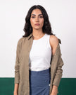 Khaki & Slate Three-Piece Oversized Shirt, Inner Top & Wrap Wide-Leg Trouser Co-ord Set, fabric detail