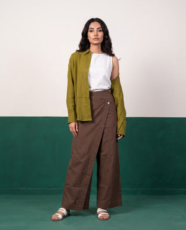 Olive & Earth Three-Piece Oversized Shirt, Inner Top & Wrap Wide-Leg Trouser Co-ord Set, front view
