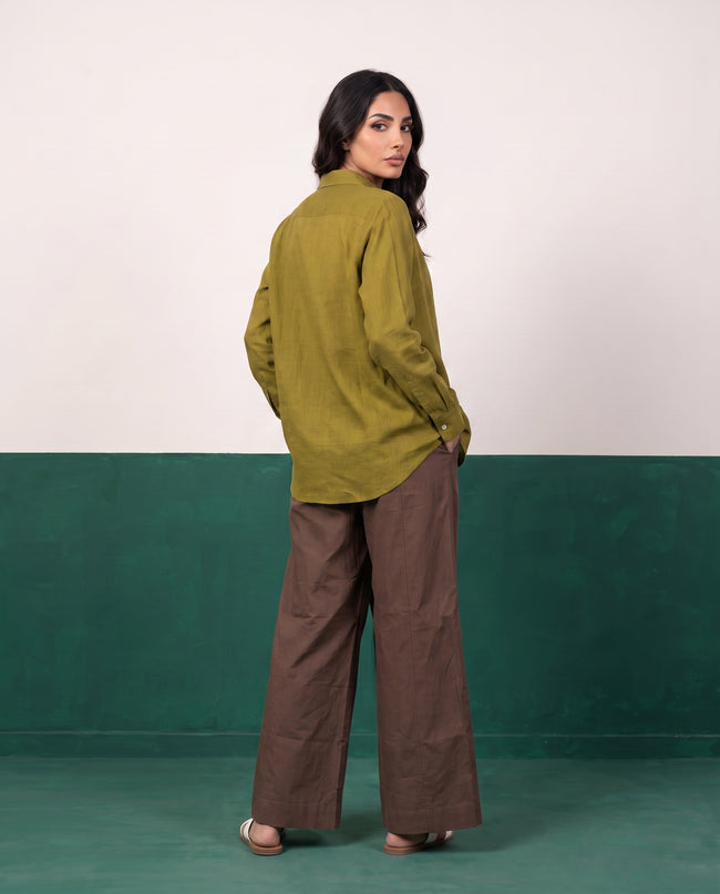 Olive & Earth Three-Piece Oversized Shirt, Inner Top & Wrap Wide-Leg Trouser Co-ord Set, front styled open