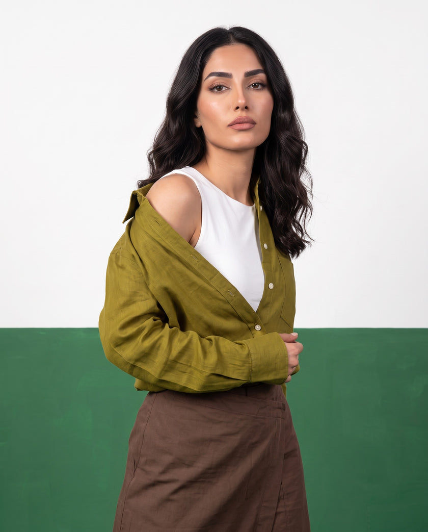 Olive & Earth Three-Piece Oversized Shirt, Inner Top & Wrap Wide-Leg Trouser Co-ord Set, back view