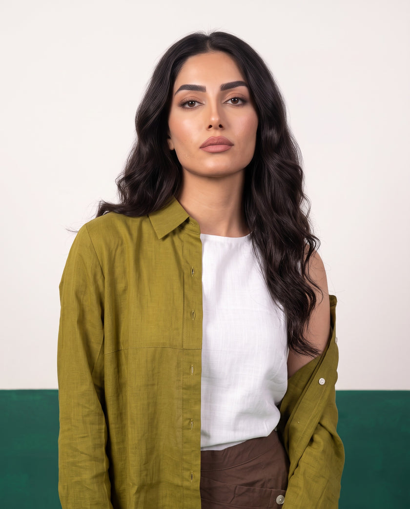 Olive & Earth Three-Piece Oversized Shirt, Inner Top & Wrap Wide-Leg Trouser Co-ord Set, fabric detail