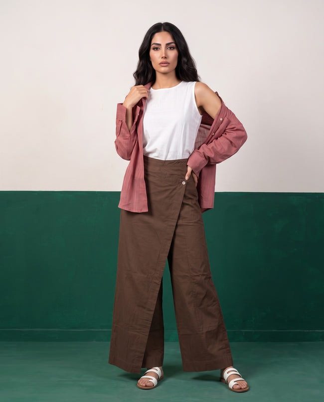 Dusty Rose & Mocha Three-Piece Oversized Shirt, Inner Top & Wrap Wide-Leg Trouser Co-ord Set, front view