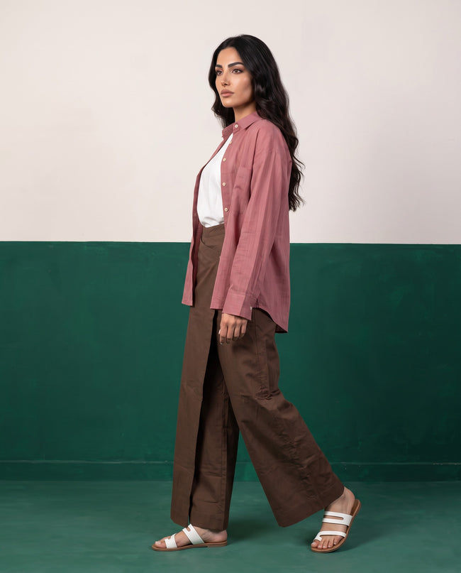 Dusty Rose & Mocha Three-Piece Oversized Shirt, Inner Top & Wrap Wide-Leg Trouser Co-ord Set, front styled open