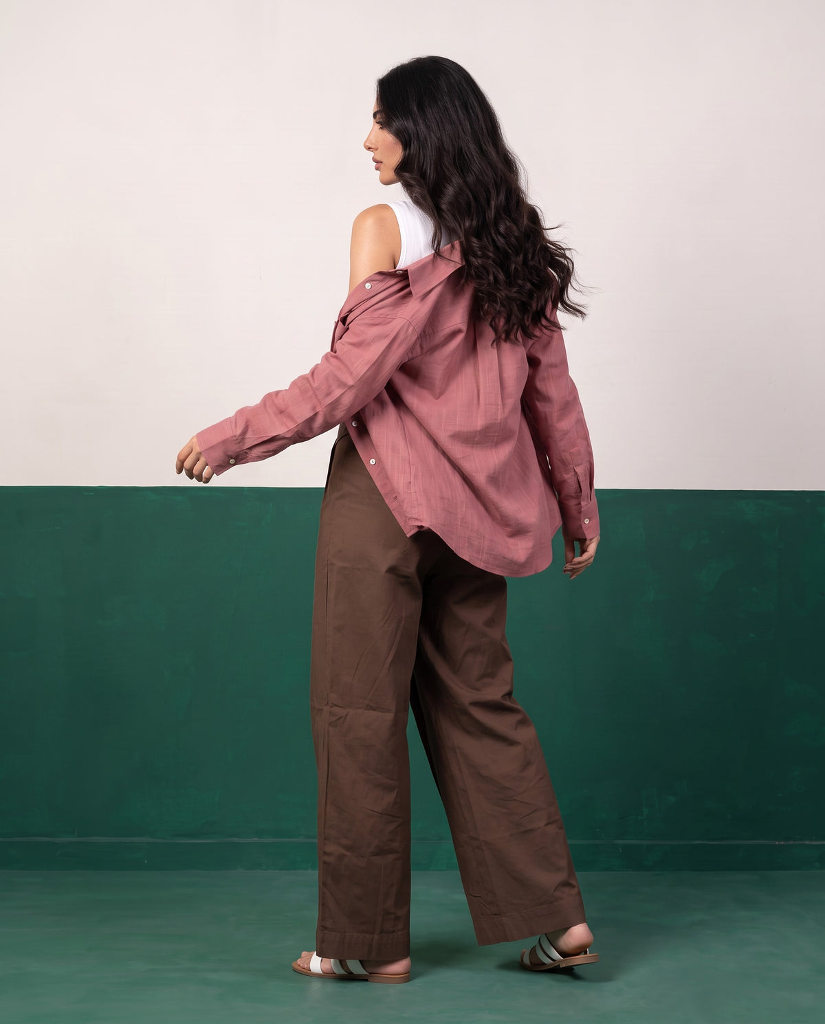 Dusty Rose & Mocha Three-Piece Oversized Shirt, Inner Top & Wrap Wide-Leg Trouser Co-ord Set, side view