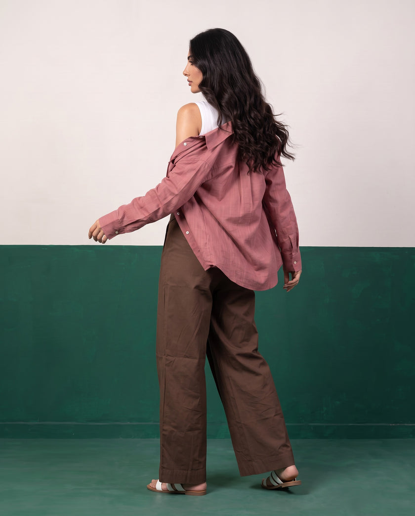 Dusty Rose & Mocha Three-Piece Oversized Shirt, Inner Top & Wrap Wide-Leg Trouser Co-ord Set, side view