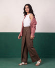 Dusty Rose & Mocha Three-Piece Oversized Shirt, Inner Top & Wrap Wide-Leg Trouser Co-ord Set, back view