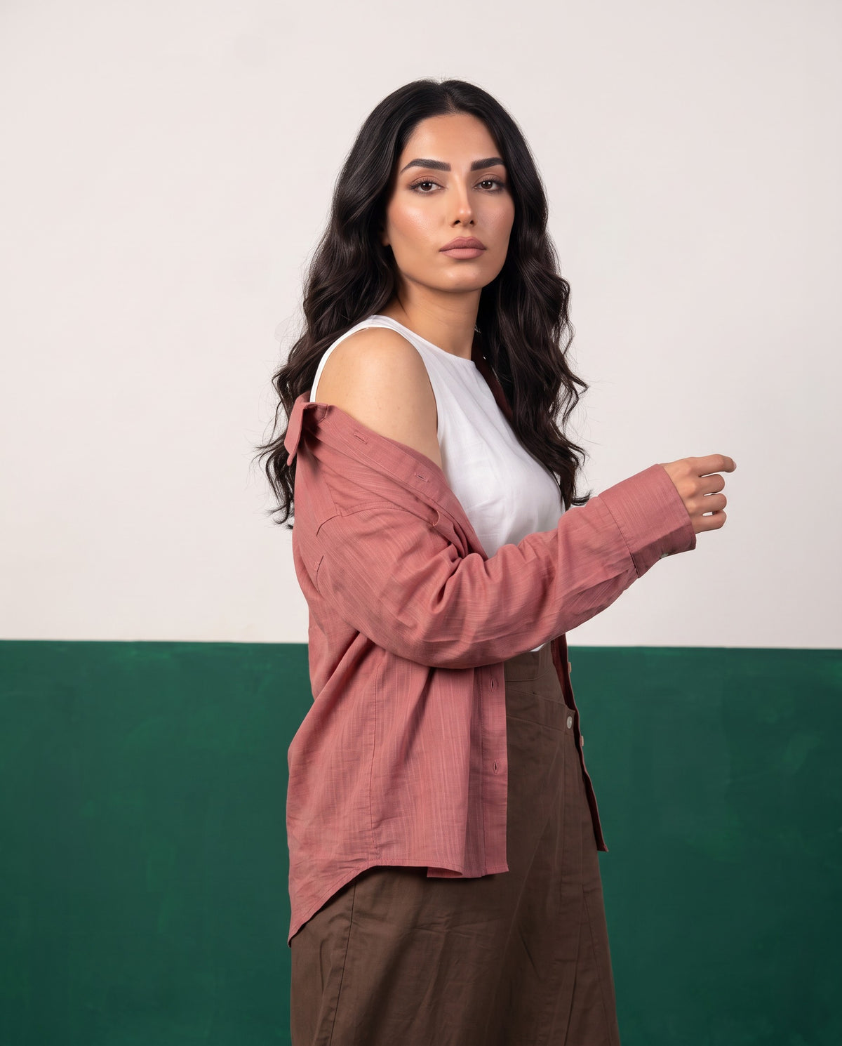 Dusty Rose & Mocha Three-Piece Oversized Shirt, Inner Top & Wrap Wide-Leg Trouser Co-ord Set, fabric detail