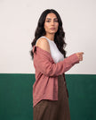 Dusty Rose & Mocha Three-Piece Oversized Shirt, Inner Top & Wrap Wide-Leg Trouser Co-ord Set, fabric detail