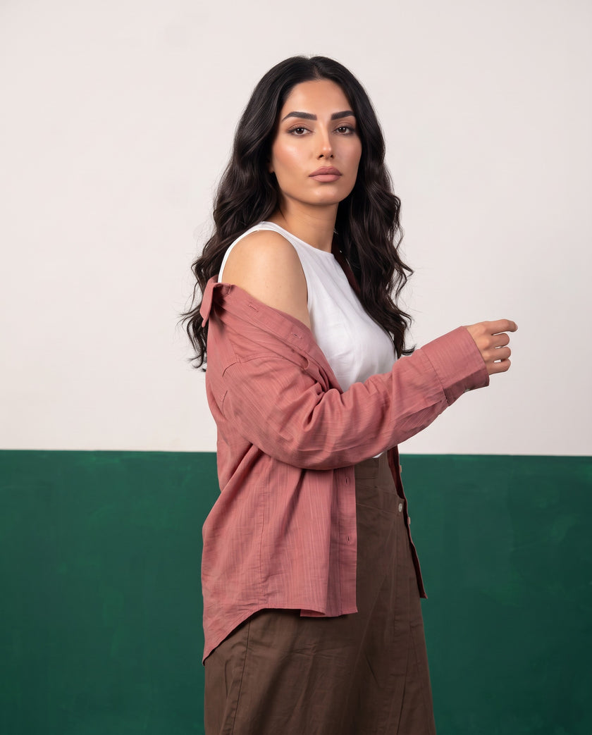 Dusty Rose & Mocha Three-Piece Oversized Shirt, Inner Top & Wrap Wide-Leg Trouser Co-ord Set, fabric detail
