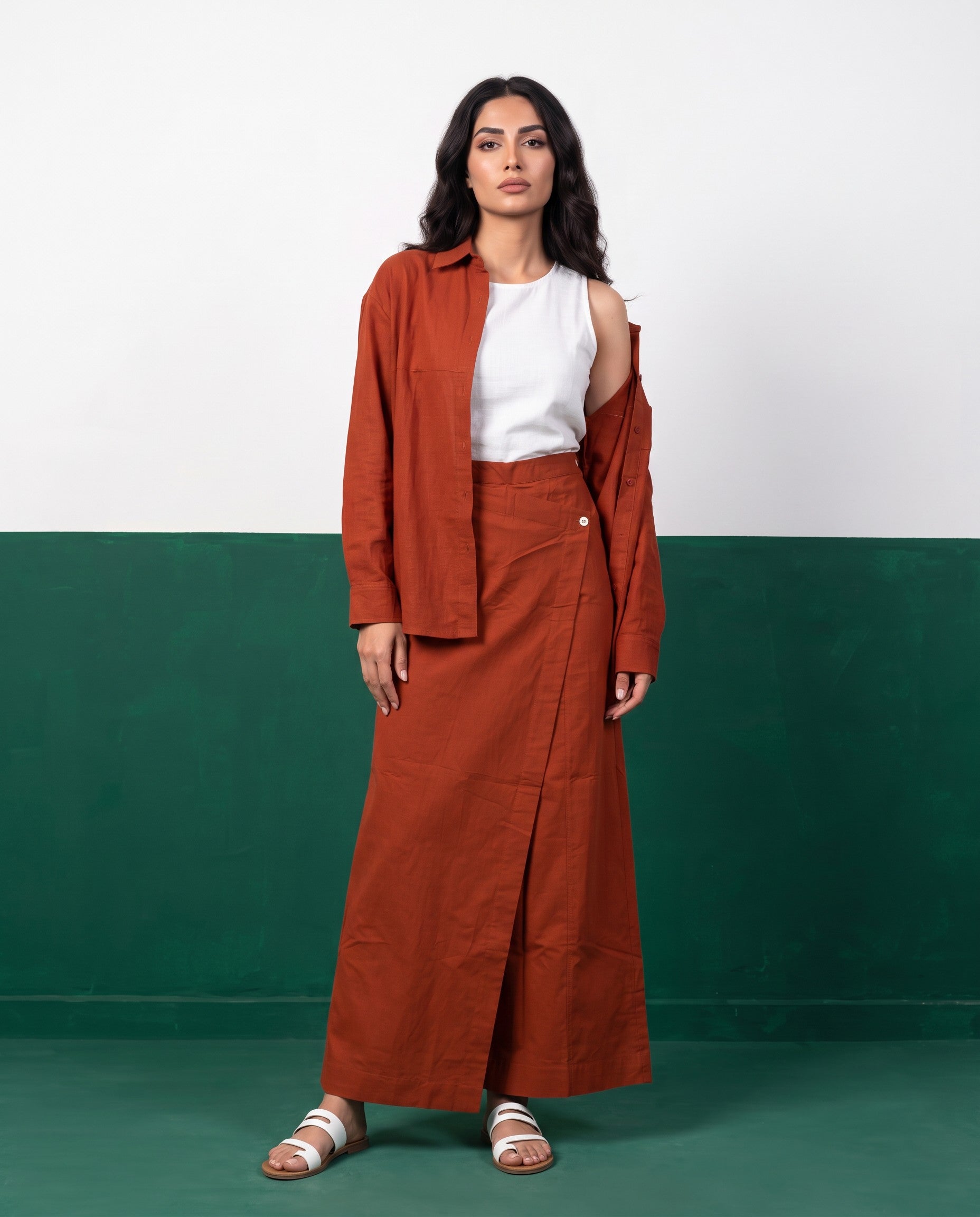 Terracotta Sun Three-Piece Oversized Shirt, Inner Top & Wrap Wide-Leg Trouser Co-ord Set, front view