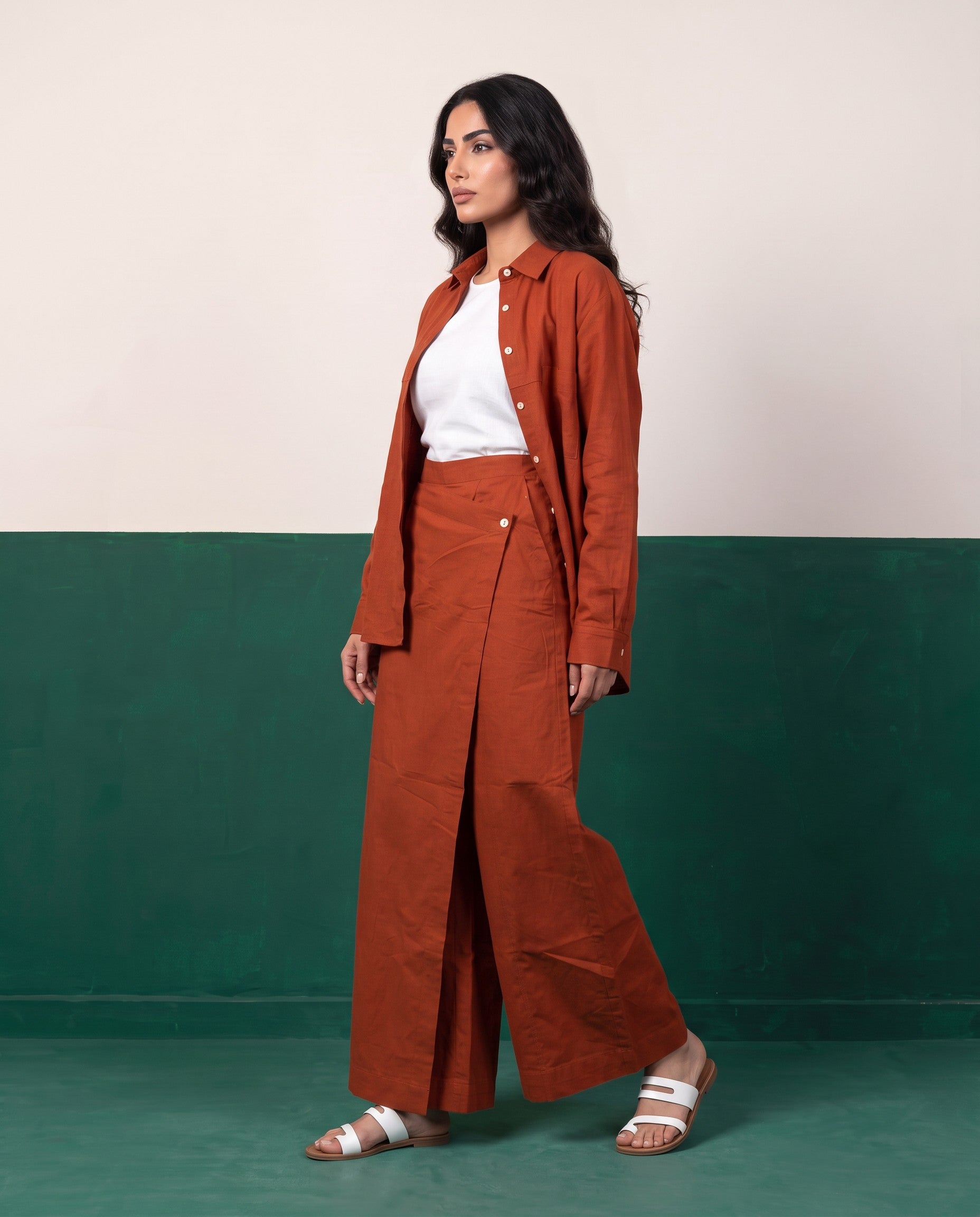Terracotta Sun Three-Piece Oversized Shirt, Inner Top & Wrap Wide-Leg Trouser Co-ord Set, side view