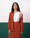 Terracotta Sun Three-Piece Oversized Shirt, Inner Top & Wrap Wide-Leg Trouser Co-ord Set, fabric detail
