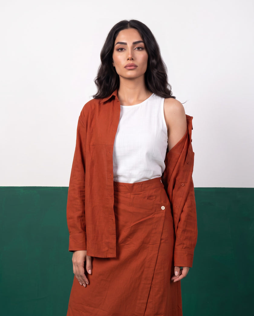 Terracotta Sun Three-Piece Oversized Shirt, Inner Top & Wrap Wide-Leg Trouser Co-ord Set, fabric detail