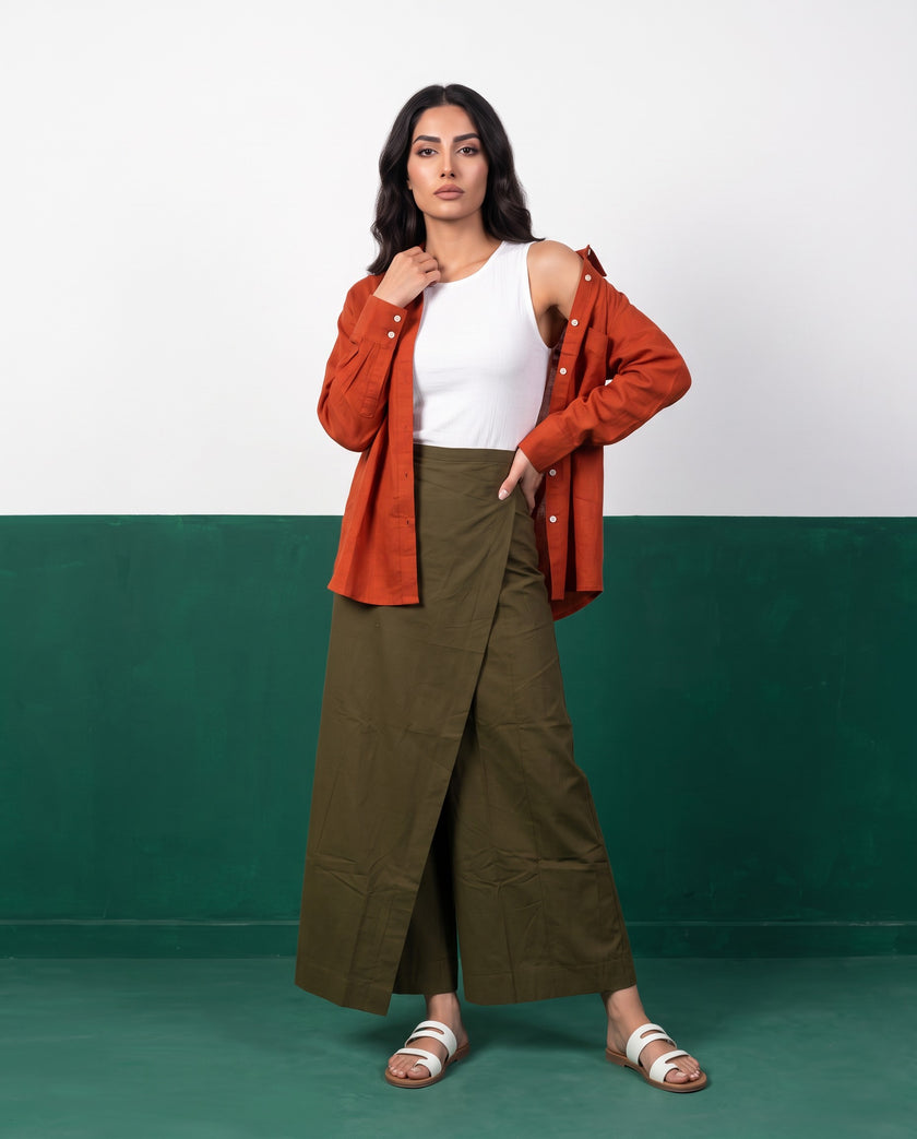 Terracotta & Khaki Three-Piece Oversized Shirt, Inner Top & Wrap Wide-Leg Trouser Co-ord Set, front view
