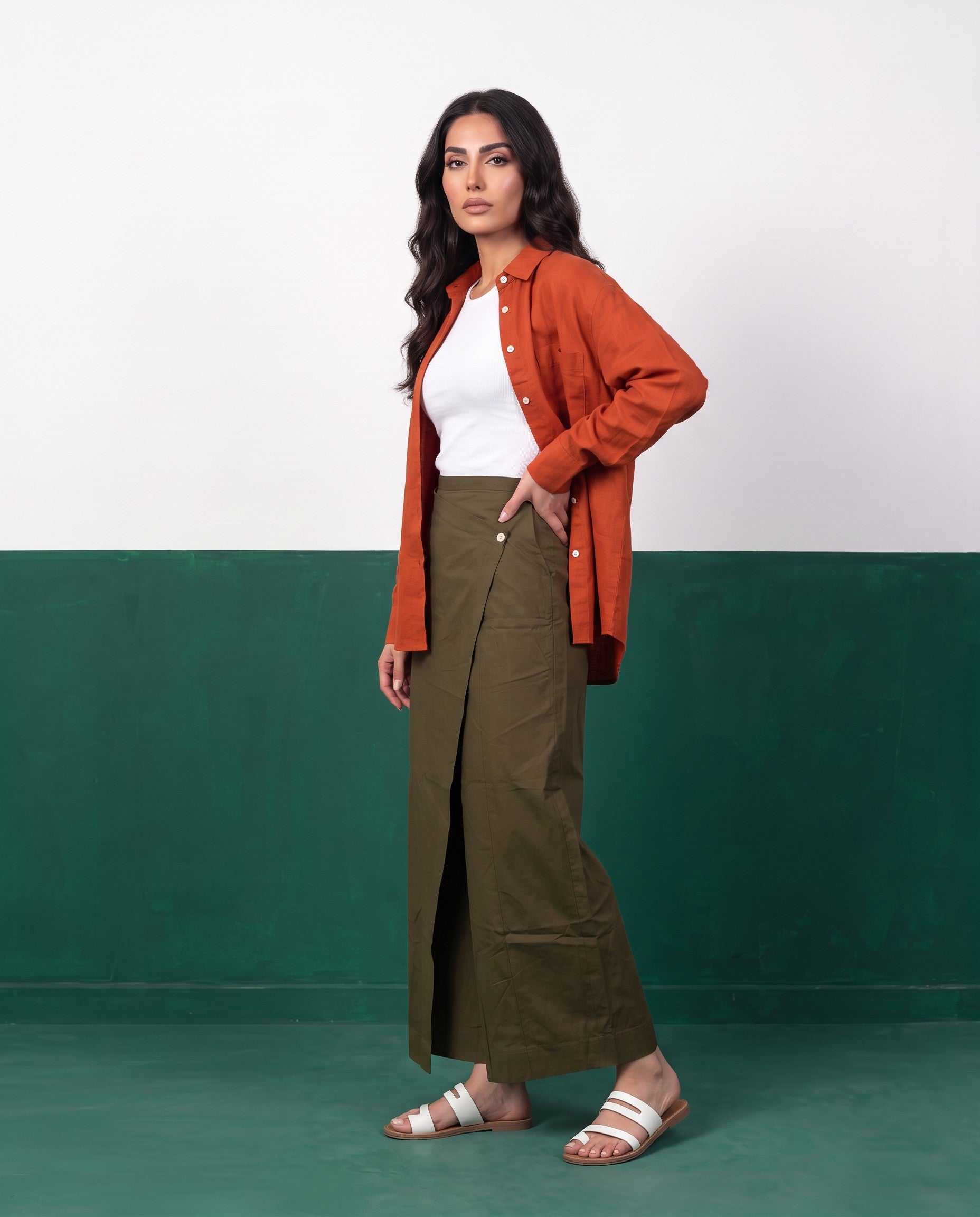 Terracotta & Khaki Three-Piece Oversized Shirt, Inner Top & Wrap Wide-Leg Trouser Co-ord Set, front styled open