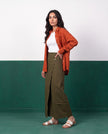 Terracotta & Khaki Three-Piece Oversized Shirt, Inner Top & Wrap Wide-Leg Trouser Co-ord Set, front styled open