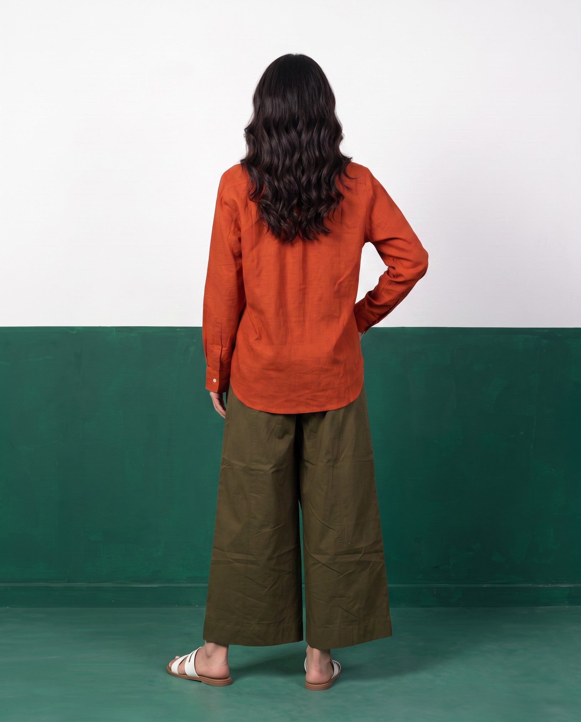 Terracotta & Khaki Three-Piece Oversized Shirt, Inner Top & Wrap Wide-Leg Trouser Co-ord Set, side view