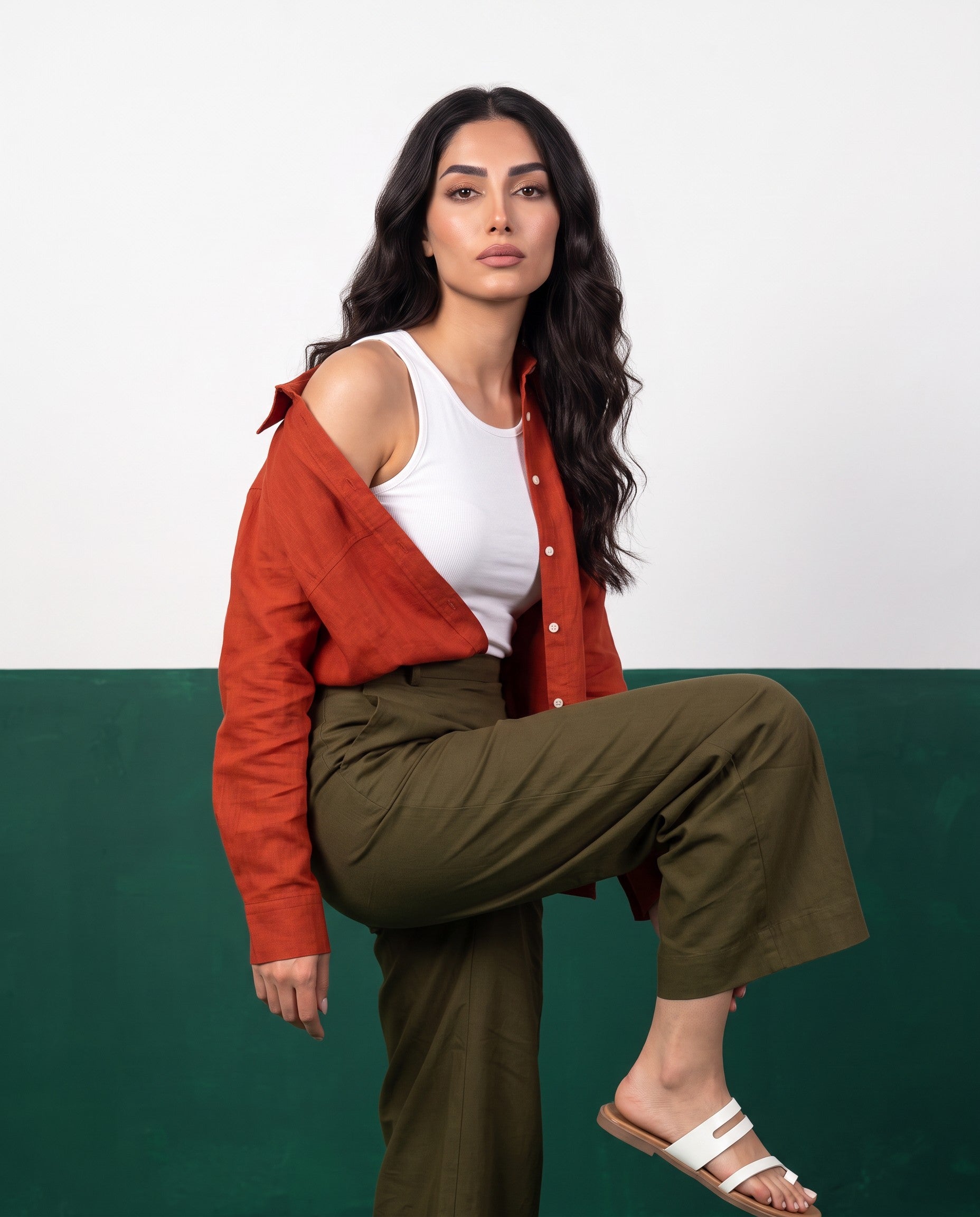 Terracotta & Khaki Three-Piece Oversized Shirt, Inner Top & Wrap Wide-Leg Trouser Co-ord Set, back view