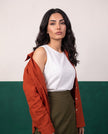 Terracotta & Khaki Three-Piece Oversized Shirt, Inner Top & Wrap Wide-Leg Trouser Co-ord Set, fabric detail