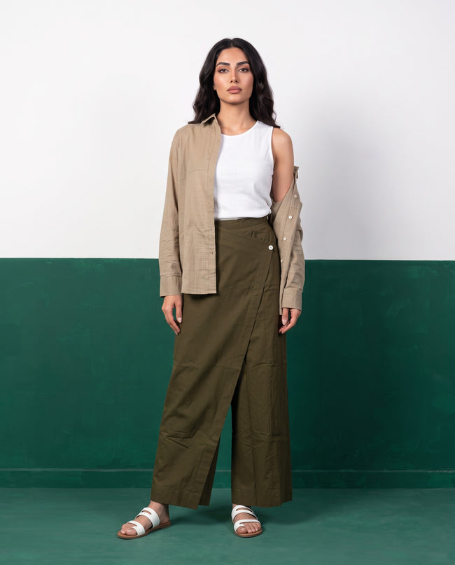 Sand & Khaki Three-Piece Oversized Shirt, Inner Top & Wrap Wide-Leg Trouser Co-ord Set, front view