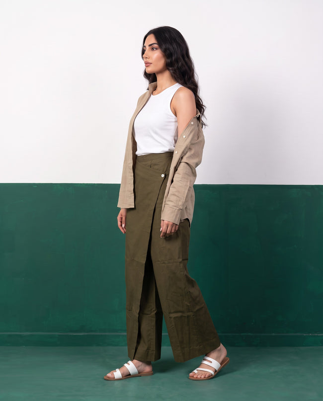 Sand & Khaki Three-Piece Oversized Shirt, Inner Top & Wrap Wide-Leg Trouser Co-ord Set, side view