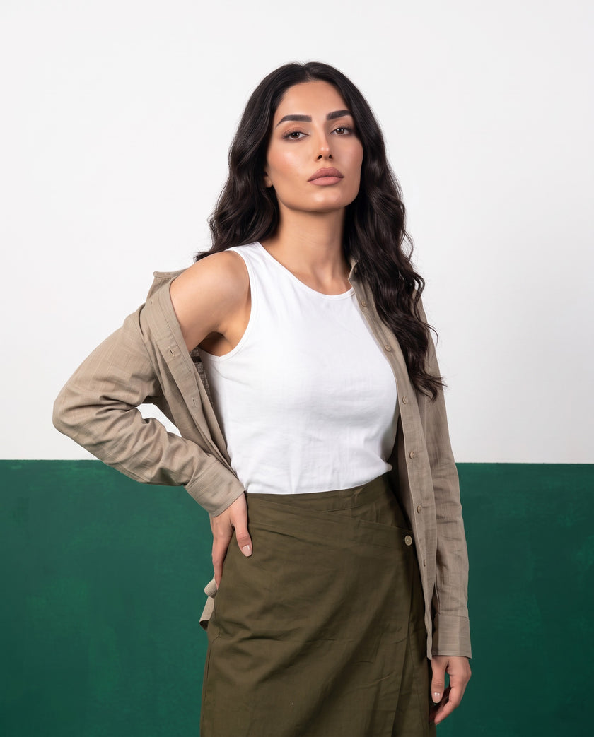 Sand & Khaki Three-Piece Oversized Shirt, Inner Top & Wrap Wide-Leg Trouser Co-ord Set, fabric detail