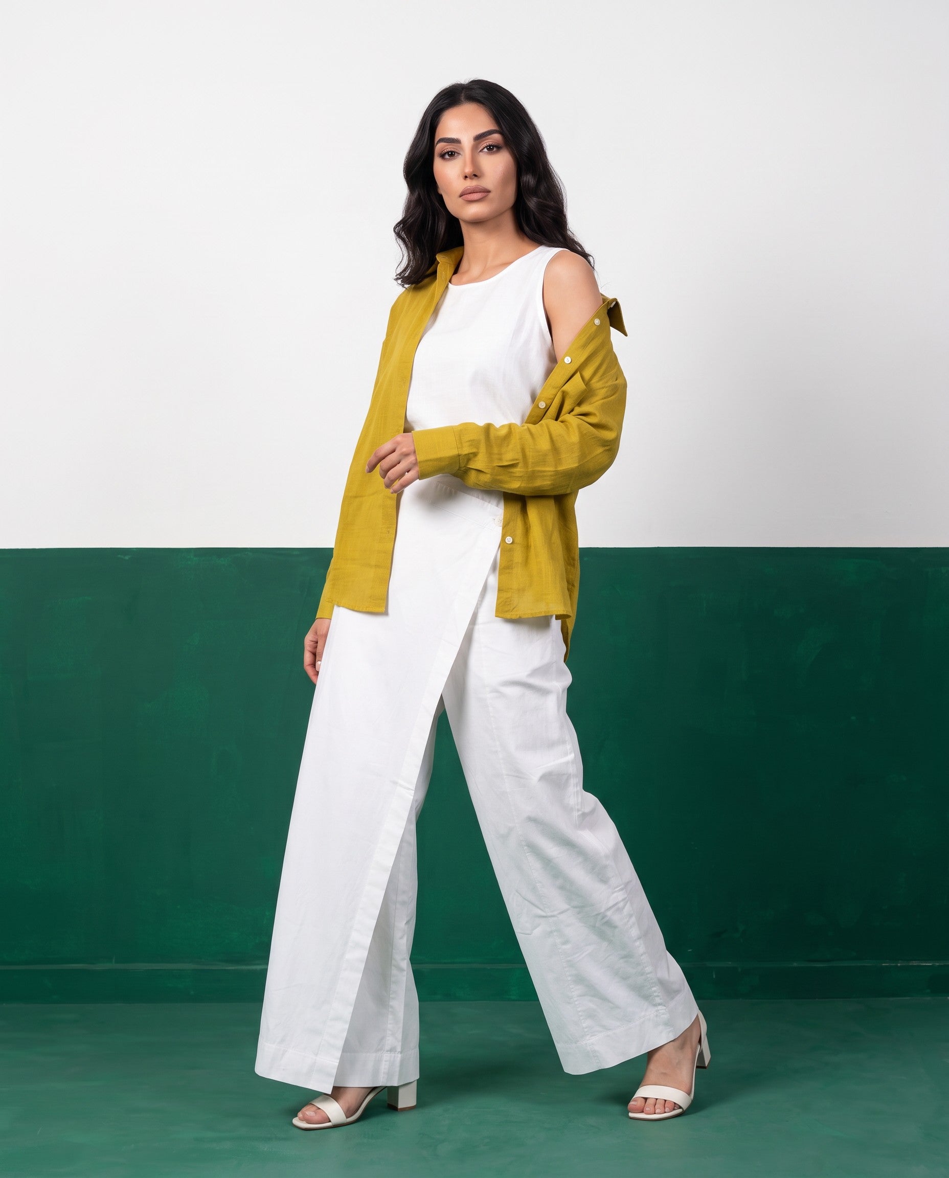 Chartreuse & White Three-Piece Oversized Shirt, Inner Top & Wrap Wide-Leg Trouser Co-ord Set, front view
