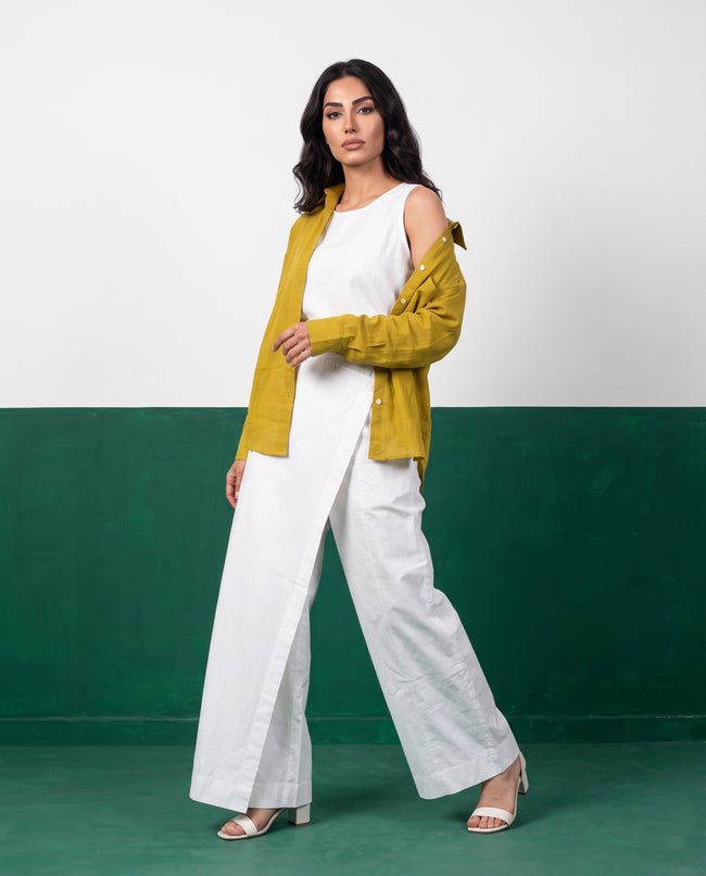 Chartreuse & White Three-Piece Oversized Shirt, Inner Top & Wrap Wide-Leg Trouser Co-ord Set, front view