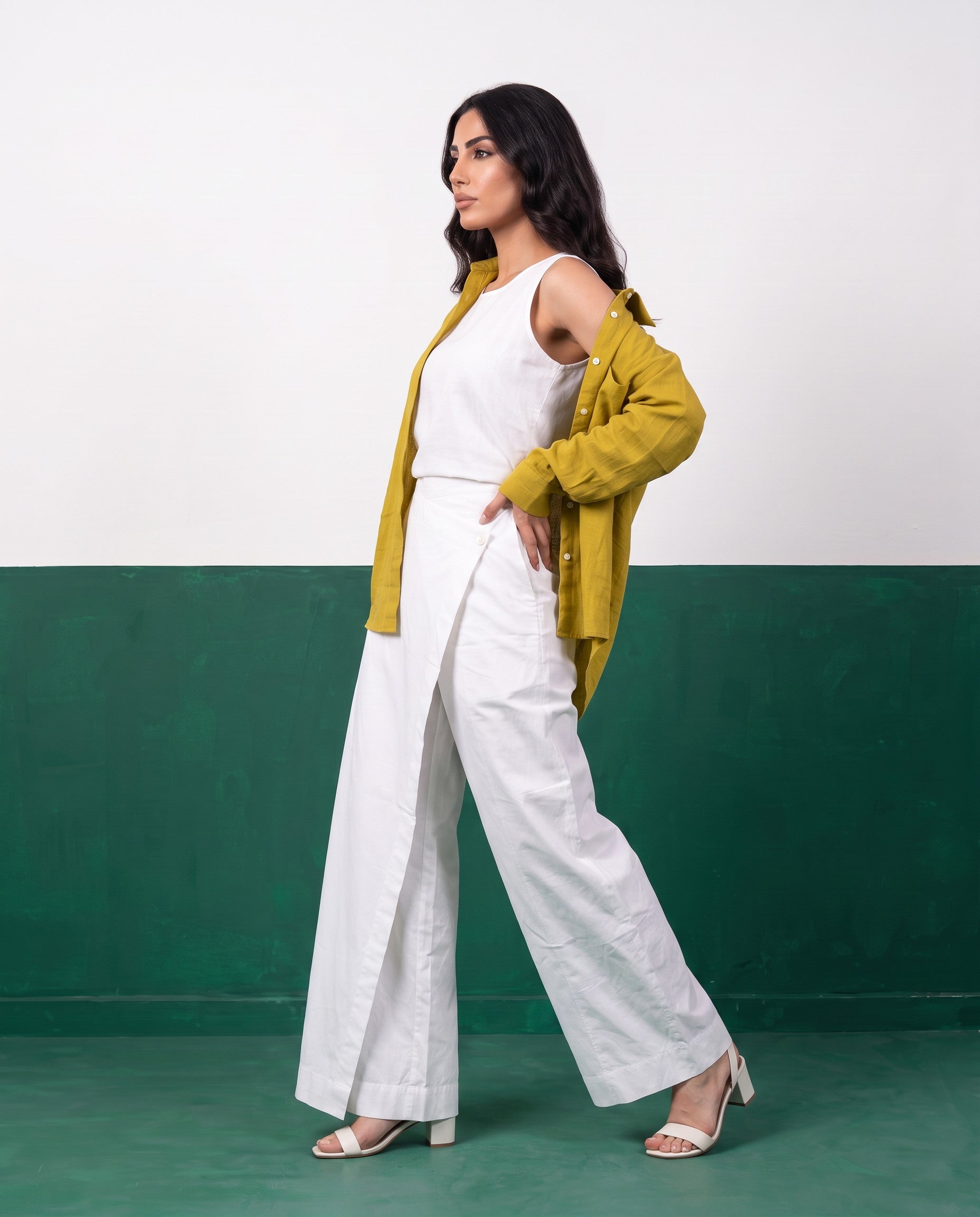 Chartreuse & White Three-Piece Oversized Shirt, Inner Top & Wrap Wide-Leg Trouser Co-ord Set, side view
