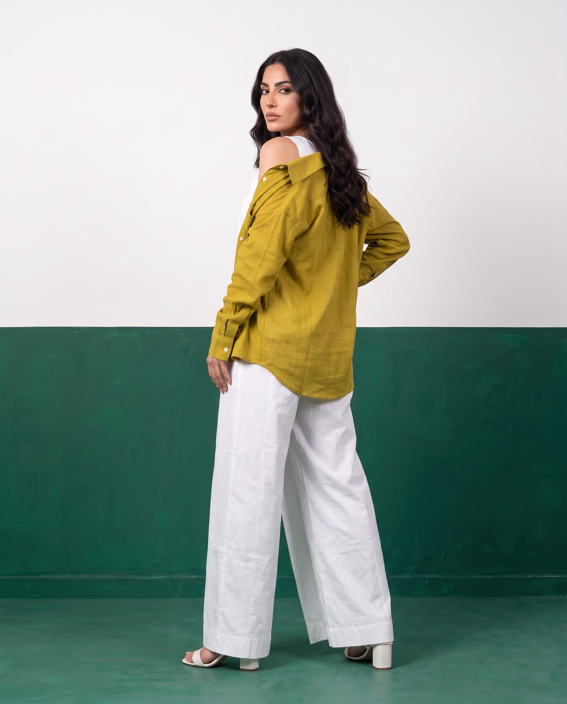 Chartreuse & White Three-Piece Oversized Shirt, Inner Top & Wrap Wide-Leg Trouser Co-ord Set, back view